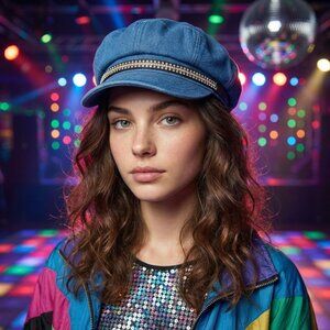 Retro Denim Fitted Newsboy Cap with Rhinestone Band NEW!